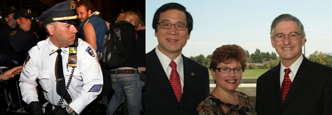 Cops and Councilmembers New York Cop attacking protesters; Mayor Sukhee Kang with Councilmembers Beth Krom and Larry Agran