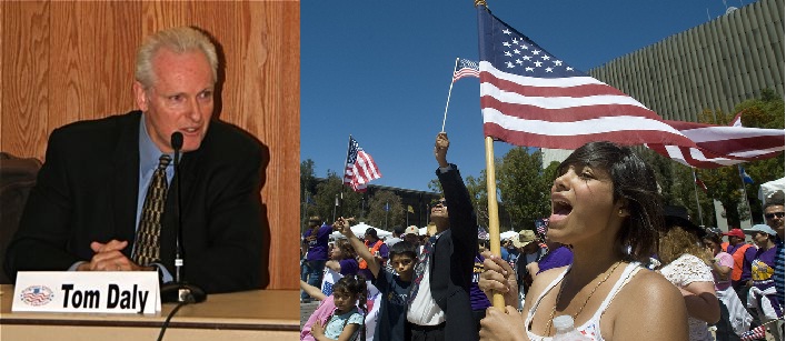 Tom Daly and Santa Ana Latinos Tom Daly at left; at right, Santa Ana Latinos demonstrate against Arizona immigration law
