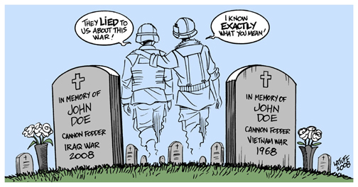 Cartoon - ghosts of Iraq and Vietnam soldiers commiserate