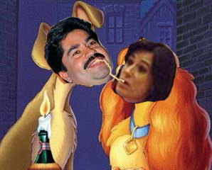 Solorio and Walters in "Lady and the Tramp" spaghetti kiss scene