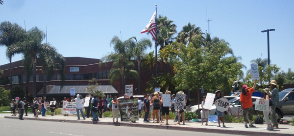 Demonstrators outside of Anaheim Police Department