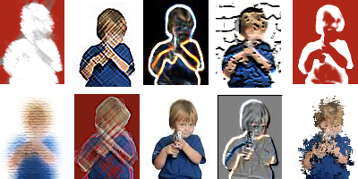 10 images of a little boy with a gun