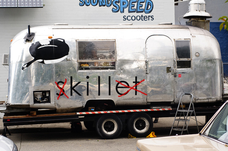 food truck named "skillet" with "s" and "et" crossed out