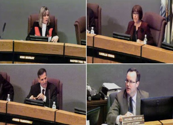 Clockwise from lower right: City Attorney Michael Houston, Councilmembers Vanderbilt, Murray, and Kring. 