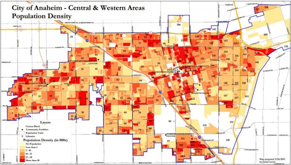A map-maker has to bear not only geography in mind, but also population density. Here, courtesy of the city, is the density of various areas within Anaheim's flatlands.