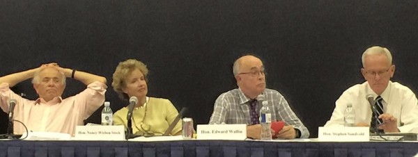 The Anaheim Committee on Electoral Districts retired Judges James Jackman, Nancy Wieben Stock, Edward J. Wallin (Chair), and Stephen Sundvold (Vice Chair).  Not fitting in the frame: Judge Thomas Neal Thrasher.  Photo courtesy of Nancy West.)