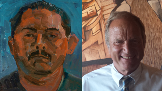 Manuel Ramos portrait by John Sollom;  Chris Norby at Harbor-Orangethorpe Starbucks.