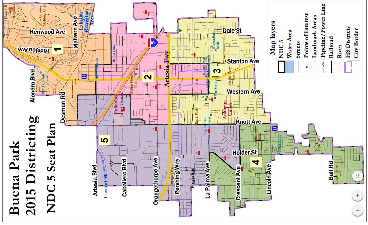 Demographers' 5-district map.  (Rotated to fit; NORTH IS AT LEFT.)