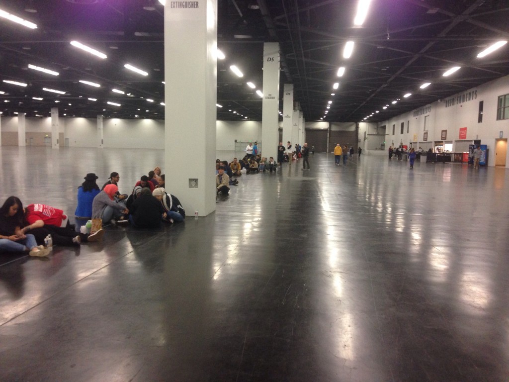 At Bernie's Early Rally: The line in Anaheim Convention Center Hall D; waiting for the doors to Hall C to open at 7:00. 