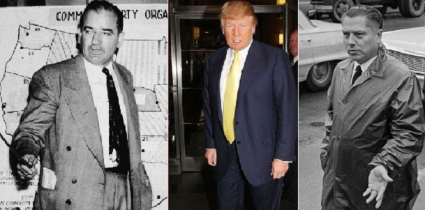 Donald Trump poses between Joe McCarthy lecturing on Communist Party infiltration and Jimmy Hoffa walking down the street with an outstretched empty palm.