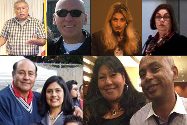 Top row: Art Montez and Ed Lopez square off for NOCCCD Board; Two HB women, Gina Clayton-Tarvin and Cathy Green, want to return respectively to save kids on Ocean View School Board and serve Poseidon on the OC Water Board; Cecilia Iglesias (here with Lou Correa) and Gloria Alvarado (with Tefere Gebre) and their friends will face off in the Santa Ana School District race.