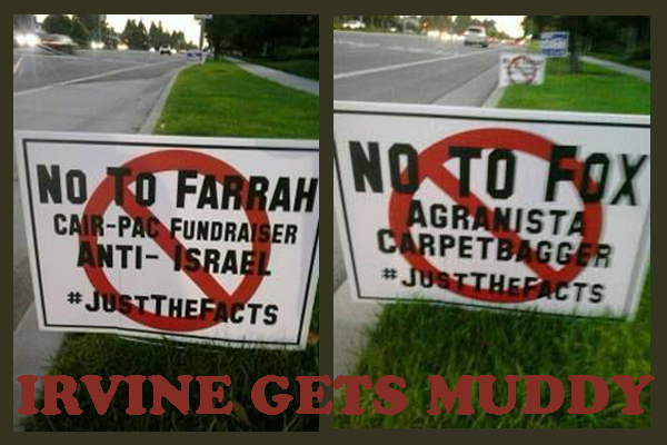Anonymous and apparently illegal signs attacking Irvine City Council candidates Farrah Khan and Melissa Fox.
