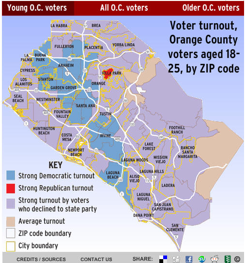President Barack Obama almost won in Orange County last November, but take a look at the map above.  “While the turnout of Republicans in the 18-25 year old age bracket […]